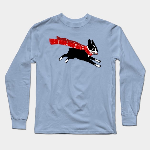 Holiday Boston Terrier Wearing Winter Scarf Long Sleeve T-Shirt by Coffee Squirrel